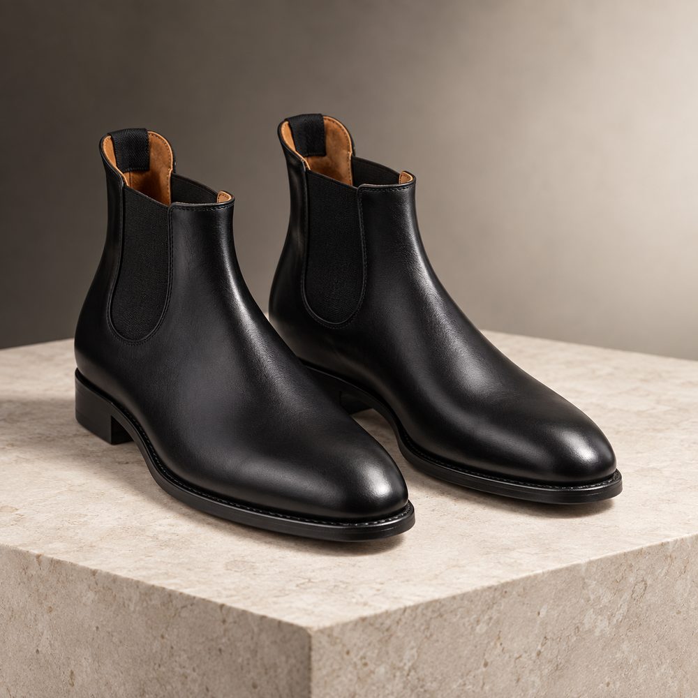 Bottines Chelsea noires photographiées sur une dalle de pierre claire