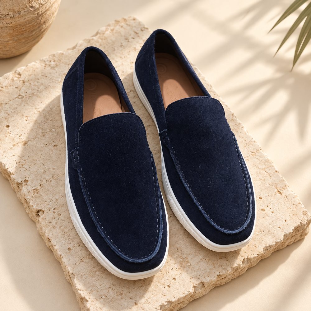 Visuel d'ambiance généré par IA : une paire de mocassins en daim bleu marine à semelle blanche, vue de dessus sur une dalle de pierre