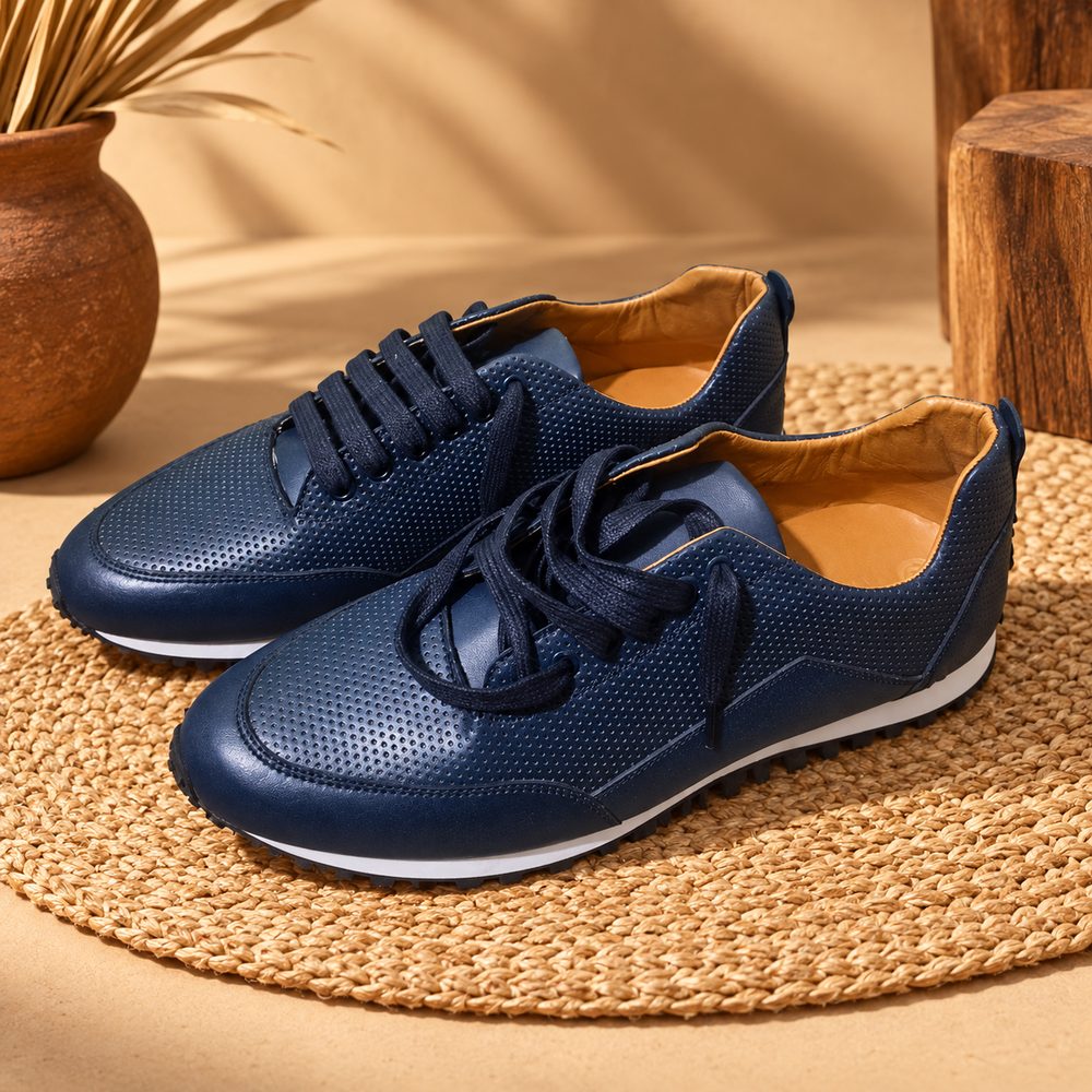 Visuel d'ambiance généré par IA : une paire de sneakers en cuir marine perforé dans une mise en scène d'atelier